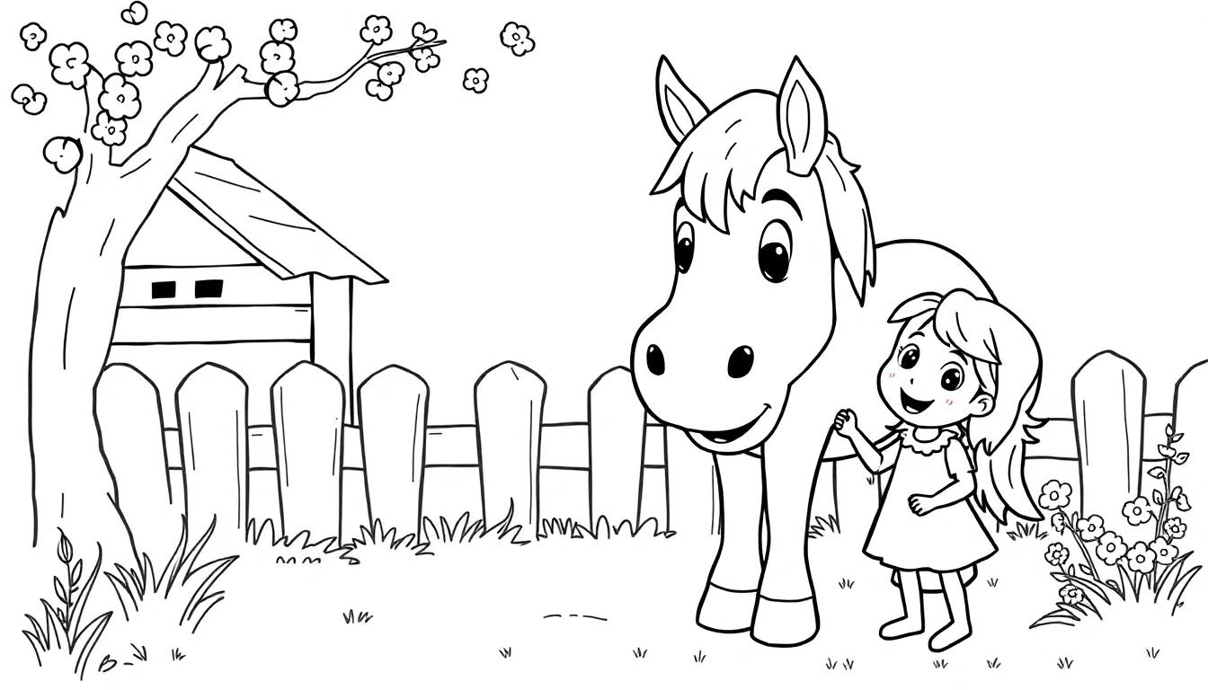 Kleurplaat van een vrolijk meisje dat naast een grote pony staat, omringd door gras, bloemen, een boom met bloesems en een klein huisje, allemaal in eenvoudige cartoonstijl.