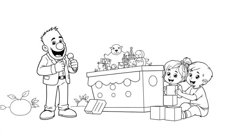 Kleurplaat van een vrolijke scène met een man die iets aankondigt, een grote speelgoeddoos en lachende kinderen die spelen, met een appel op de voorgrond.