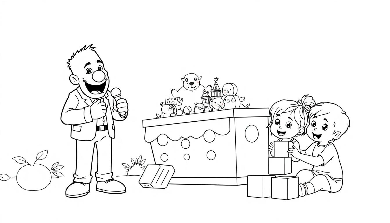 Kleurplaat van een vrolijke scène met een man die iets aankondigt, een grote speelgoeddoos en lachende kinderen die spelen, met een appel op de voorgrond.