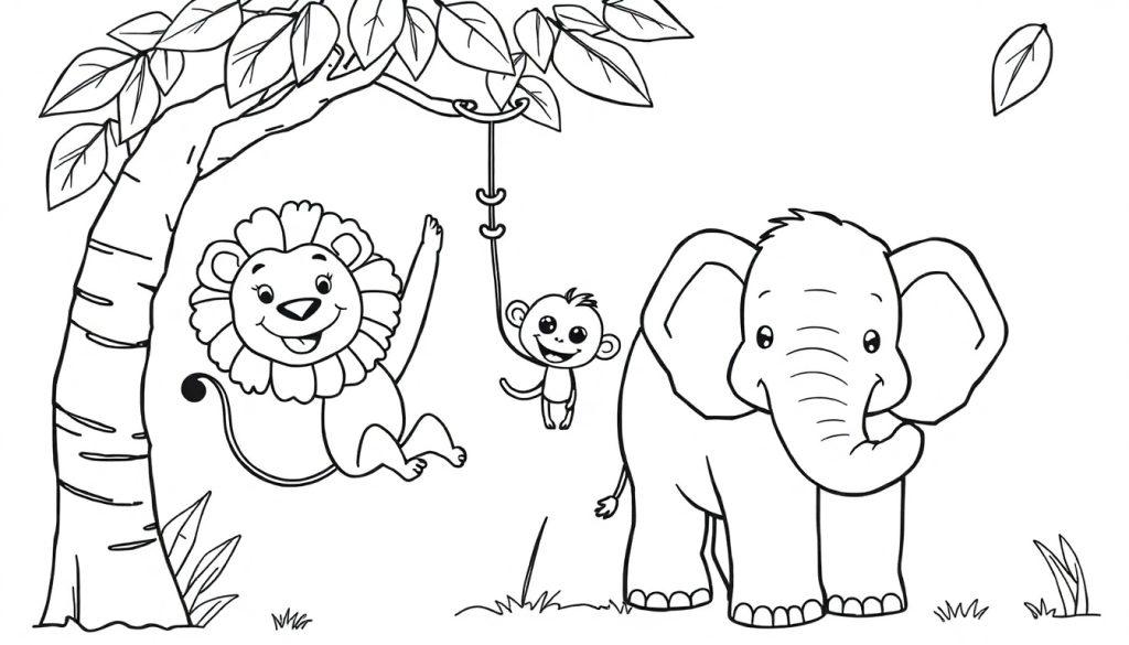 Zwart-wit kleurplaat met een lachende leeuw, olifant en aap in een natuurlijke omgeving, met een boom en dwarrelende bladeren.