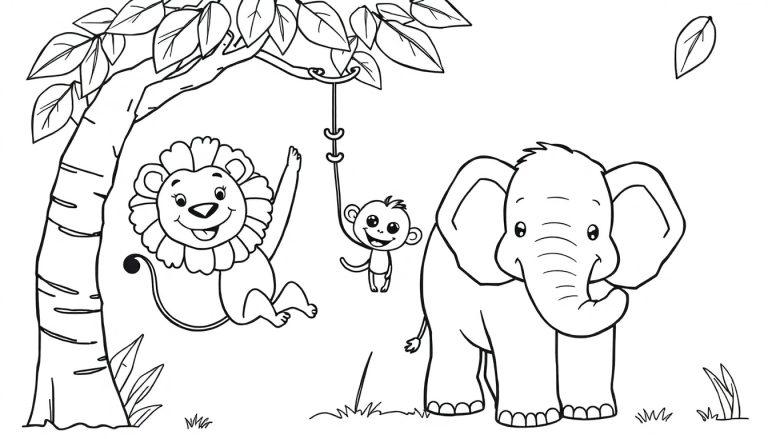 Zwart-wit kleurplaat met een lachende leeuw, olifant en aap in een natuurlijke omgeving, met een boom en dwarrelende bladeren.