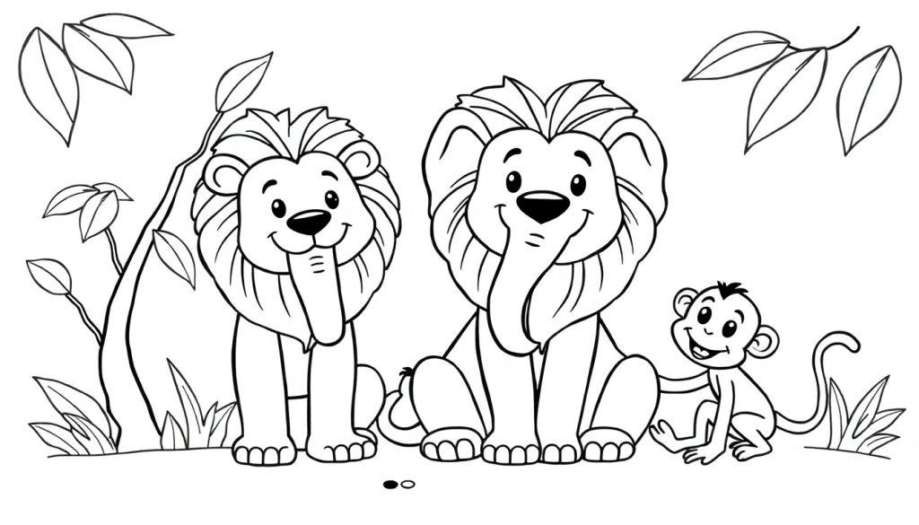Een kleurplaat met twee blije leeuwen en een vrolijk aapje, omgeven door bladeren en takken.