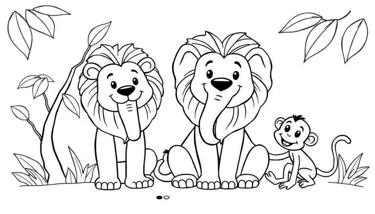 Een kleurplaat met twee blije leeuwen en een vrolijk aapje, omgeven door bladeren en takken.