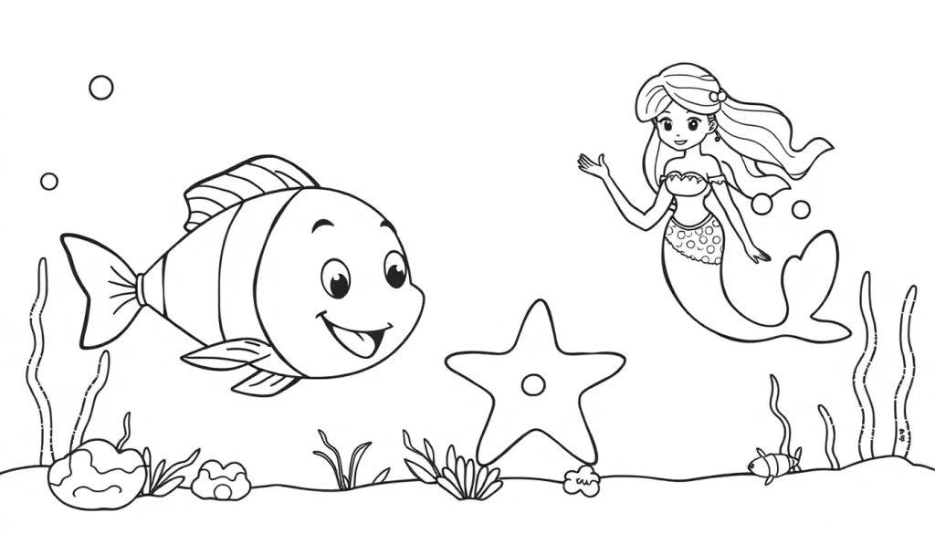 Kleurplaat van een vrolijke onderwaterwereld met een lachende vis, een zeester, een zeemeermin, en zeegroent, allemaal in zwart-wit lijnen geschikt als kleurplaat.