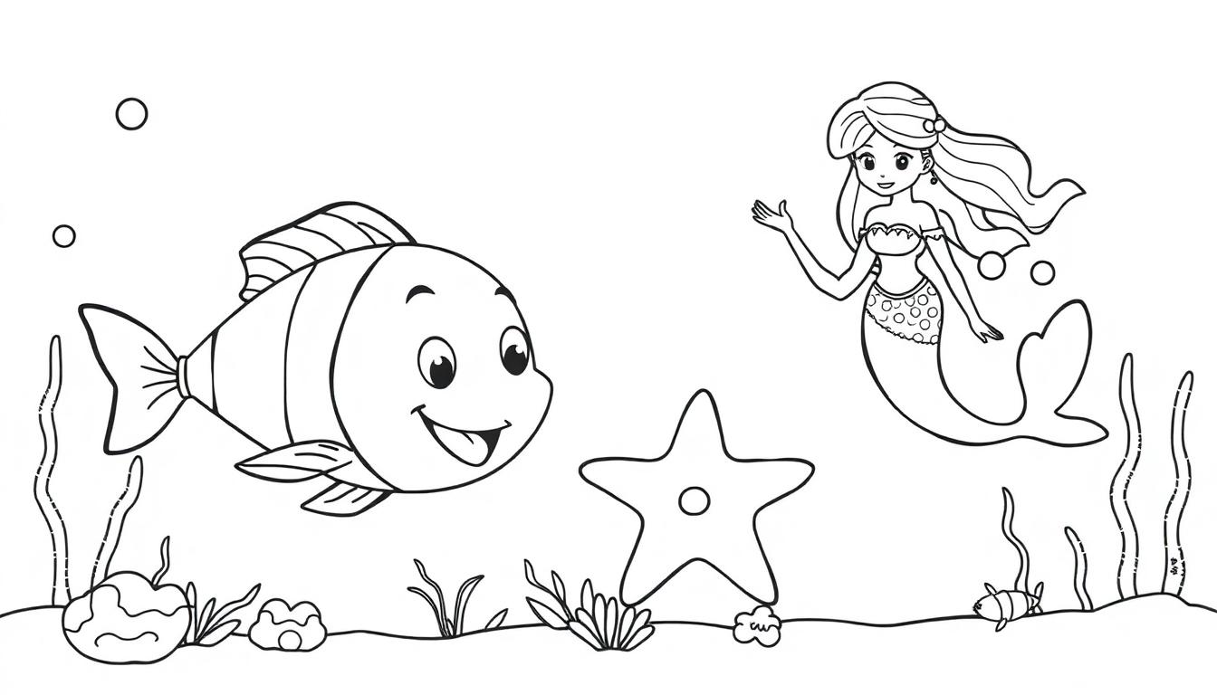 Kleurplaat van een vrolijke onderwaterwereld met een lachende vis, een zeester, een zeemeermin, en zeegroent, allemaal in zwart-wit lijnen geschikt als kleurplaat.