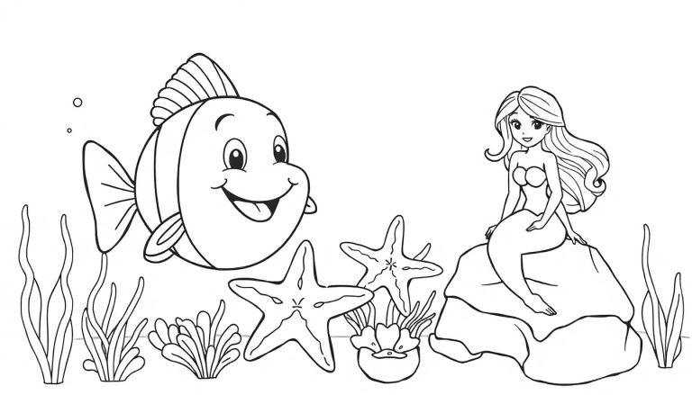 Kleurplaat met een blije vis, zeemeermin op een rots, zeesterren en zeewier onderwaterwereld, klaar om in te kleuren.