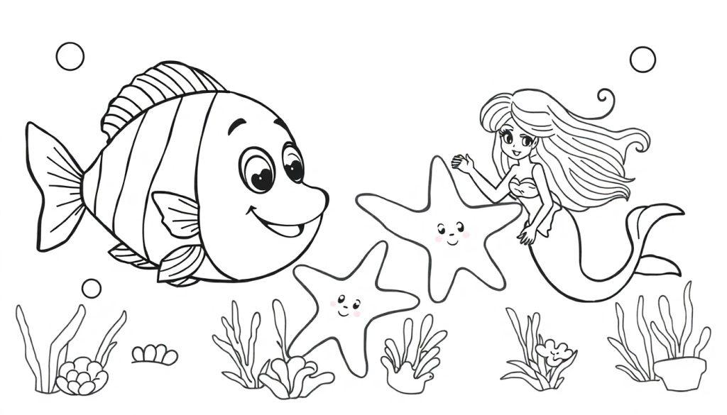 Een kleurplaat van een vrolijke onderwaterwereld met een lachende vis, een vriendelijke zeemeermin en twee blije zeesterren, allemaal nog niet ingekleurd.