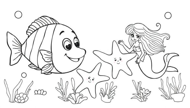 Een kleurplaat van een vrolijke onderwaterwereld met een lachende vis, een vriendelijke zeemeermin en twee blije zeesterren, allemaal nog niet ingekleurd.