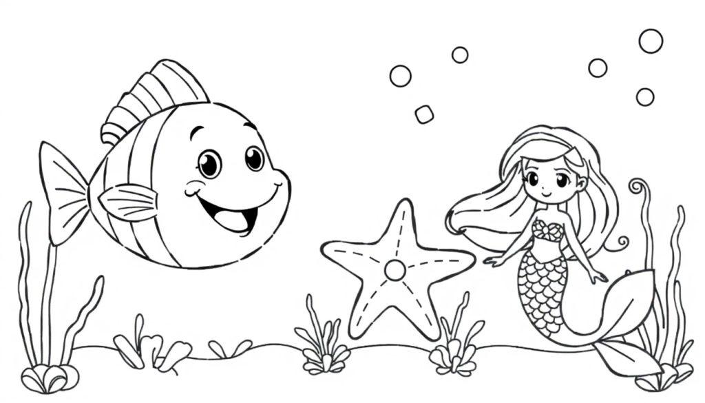 Een kleurrijke onderwaterkleurplaat met een lachende vis, een zeemeermin en een zeester, met planten en bubbels.