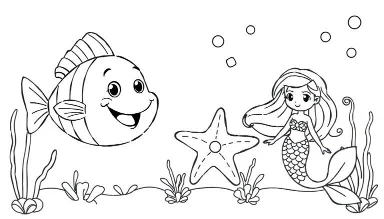 Een kleurrijke onderwaterkleurplaat met een lachende vis, een zeemeermin en een zeester, met planten en bubbels.