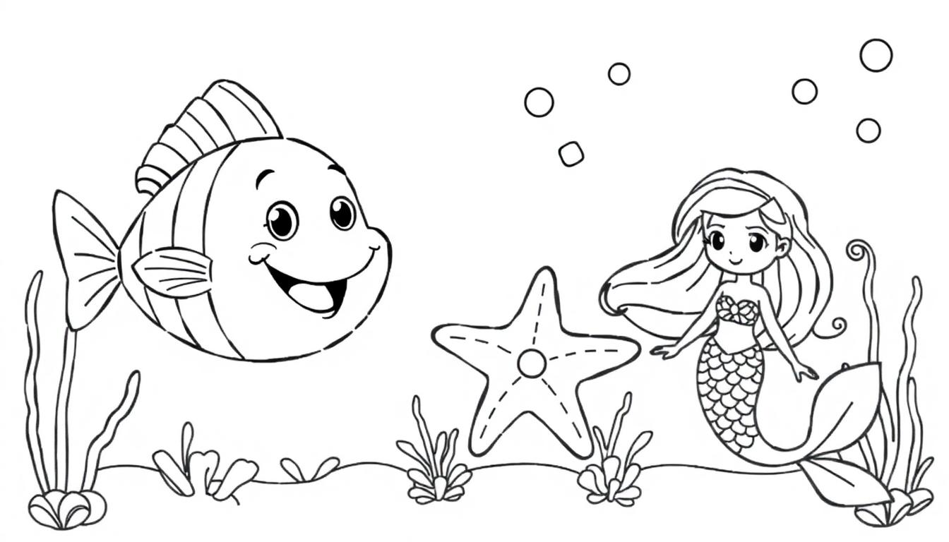 Een kleurrijke onderwaterkleurplaat met een lachende vis, een zeemeermin en een zeester, met planten en bubbels.