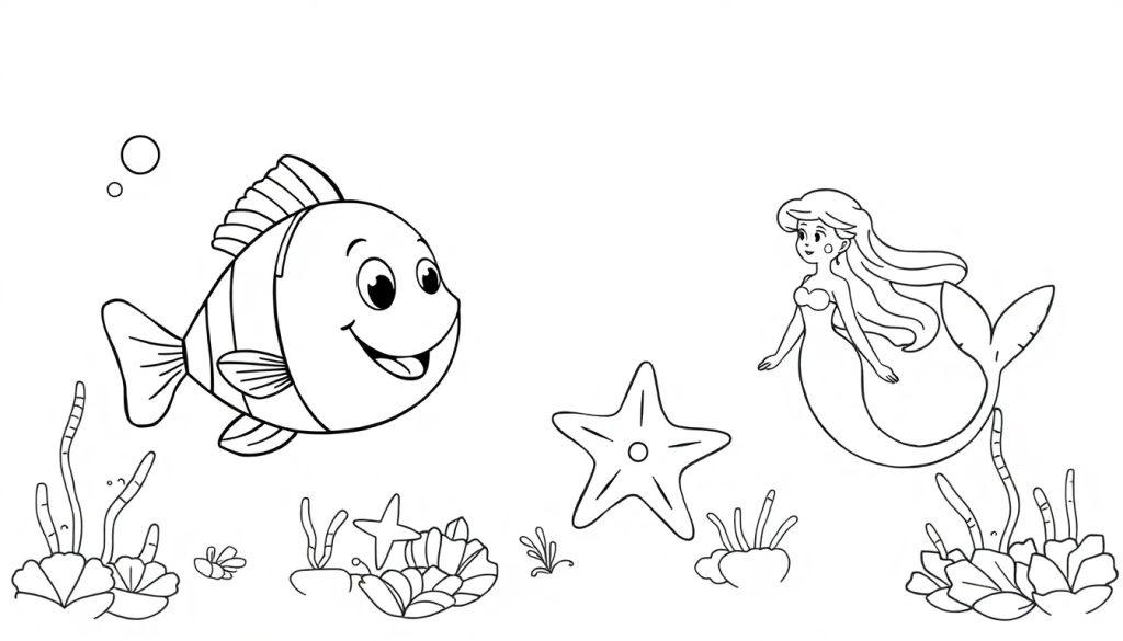 Vrolijke zwart-wit kleurplaat van een onderwaterwereld met een grote vis, zeester en zeemeermin.