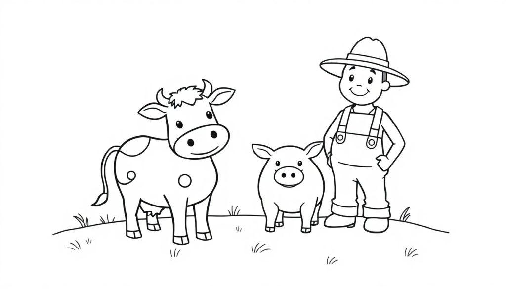 Kleurplaat van een schattige boer, koe en varken op een grasveld, perfect voor kinderen om in te kleuren.