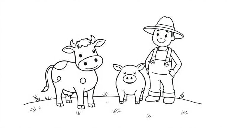 Kleurplaat van een schattige boer, koe en varken op een grasveld, perfect voor kinderen om in te kleuren.