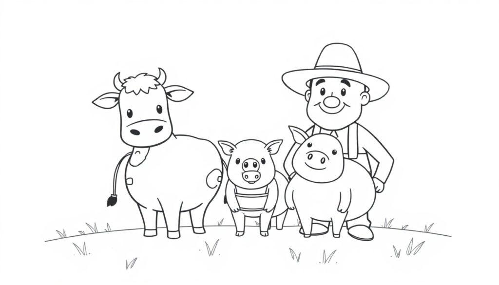 Korte kleurplaat van een boer met een koe, een klein varkentje en een groot varken op een vrolijke boerderij