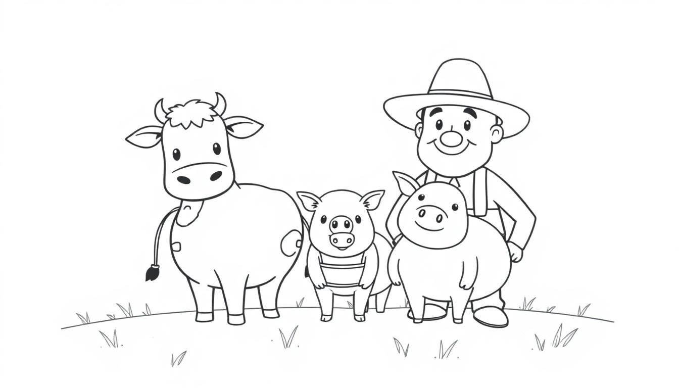 Korte kleurplaat van een boer met een koe, een klein varkentje en een groot varken op een vrolijke boerderij