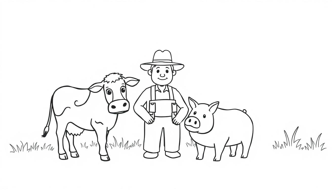 Kleurplaat van een boer met hoed tussen een koe links en een varken rechts, allemaal in eenvoudige zwart-wit lijnen met gras op de grond.
