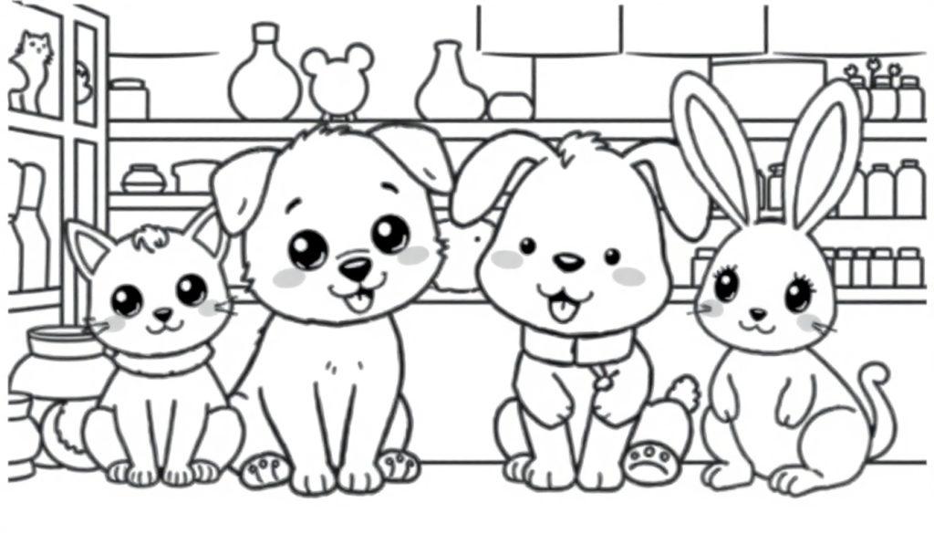 Kleurplaat van drie dierenvrienden: kat, hond en konijn die samen zitten, met grote ogen en glimlachen.