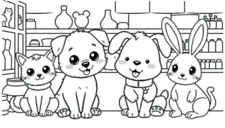 Kleurplaat van drie dierenvrienden: kat, hond en konijn die samen zitten, met grote ogen en glimlachen.