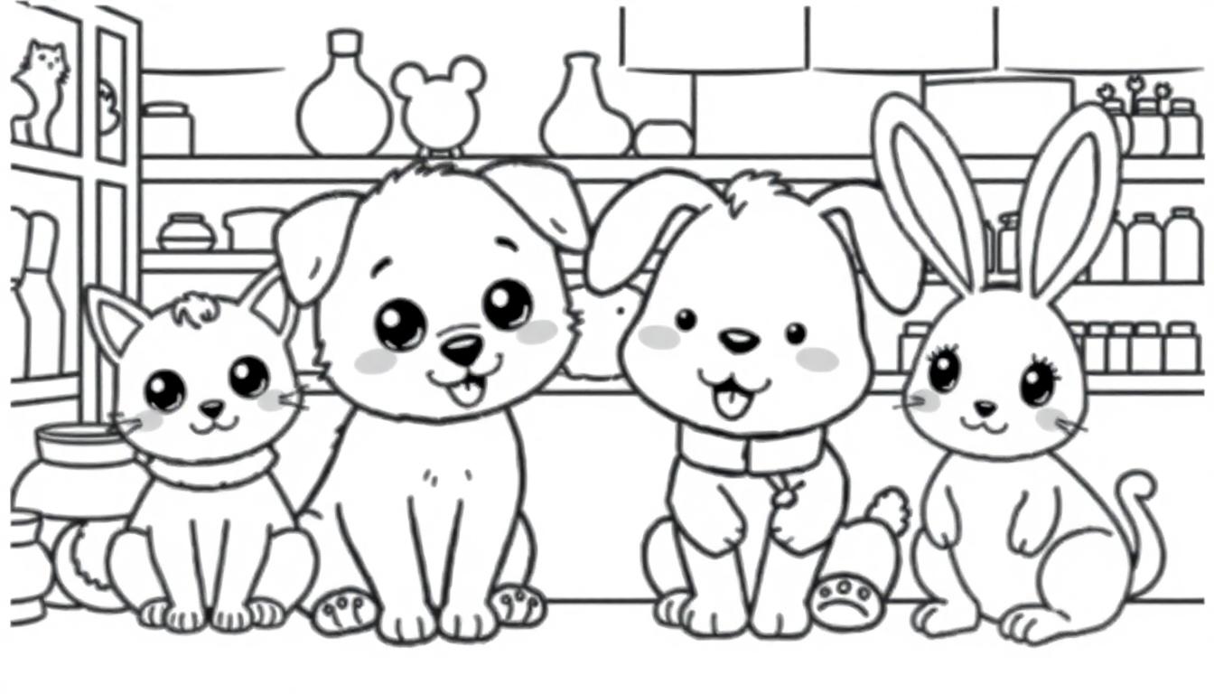 Kleurplaat van drie dierenvrienden: kat, hond en konijn die samen zitten, met grote ogen en glimlachen.