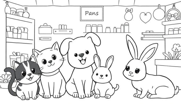 Kleurplaat met schattige dieren: kat, hond en konijnen samen in een winkelkeuken