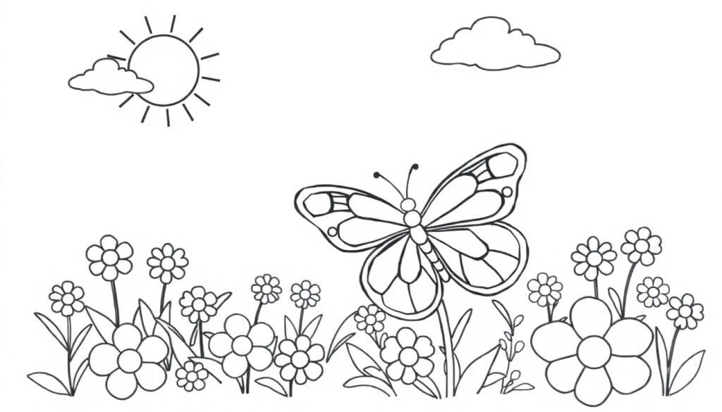 Een zwart-witte kleurplaat van een zon, wolken, bloemen en een vlinder voor kinderen om te kleuren.