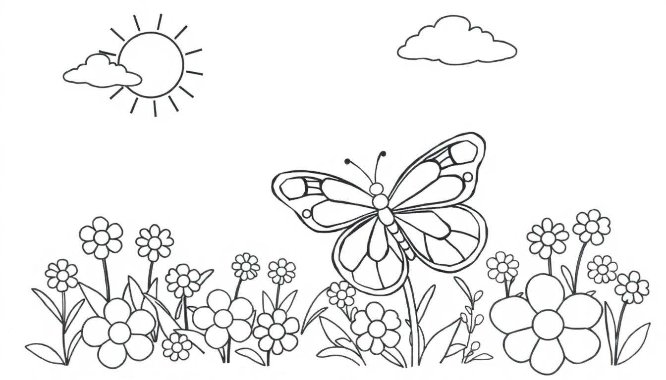 Een zwart-witte kleurplaat van een zon, wolken, bloemen en een vlinder voor kinderen om te kleuren.