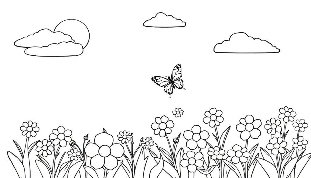 Kleurplaat met bloemen, een vliegende vlinder, wolken en een grote zon, geschikt voor kinderen om in te kleuren.