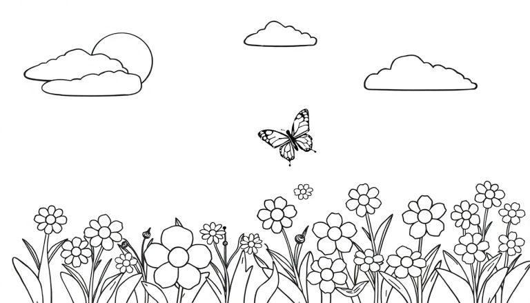 Kleurplaat met bloemen, een vliegende vlinder, wolken en een grote zon, geschikt voor kinderen om in te kleuren.