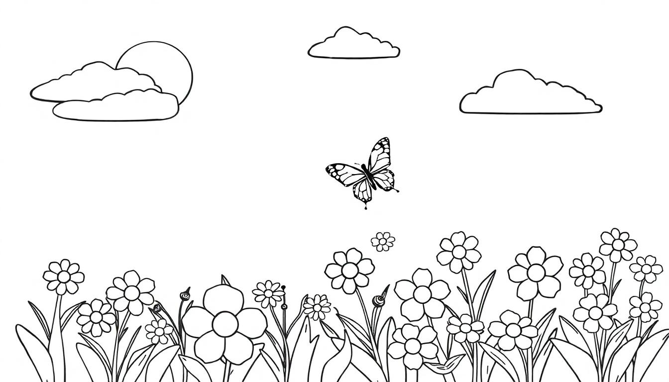 Kleurplaat met bloemen, een vliegende vlinder, wolken en een grote zon, geschikt voor kinderen om in te kleuren.