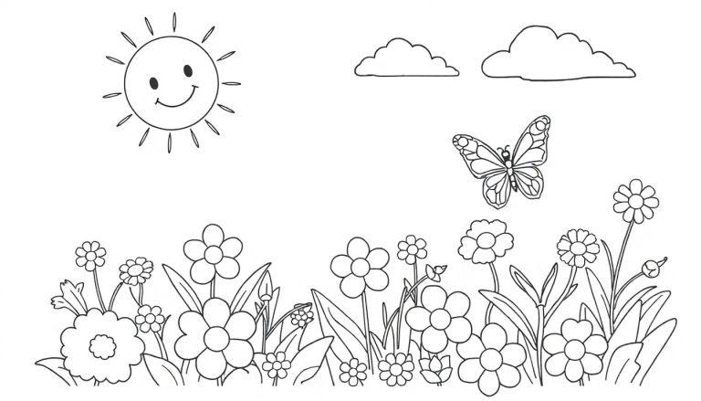 Een vrolijke kleurplaat met bloemen, een vlinder en een lachende zon, geschikt voor kinderen om in te kleuren.