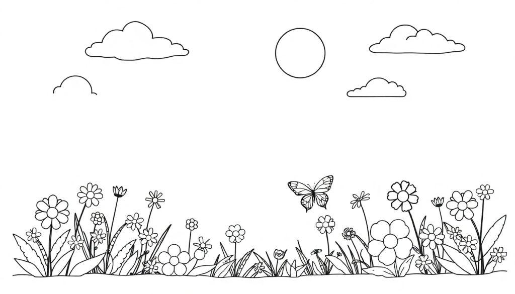 Kleurplaat van een zomers natuurtafereel met bloemen, een vlinder, de zon en wolken.