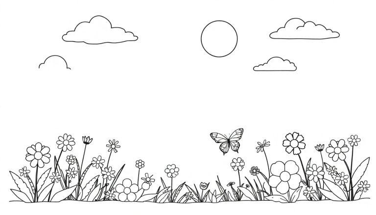 Kleurplaat van een zomers natuurtafereel met bloemen, een vlinder, de zon en wolken.