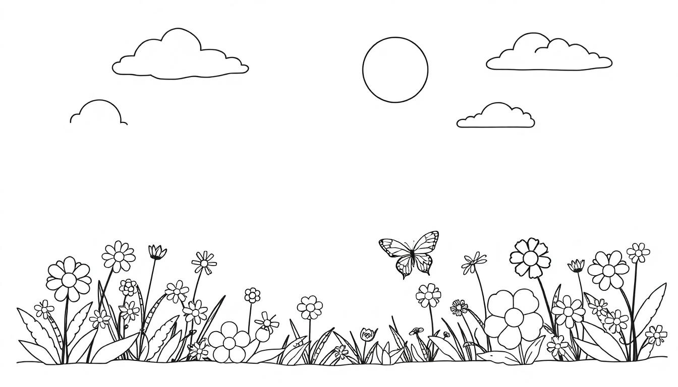 Kleurplaat van een zomers natuurtafereel met bloemen, een vlinder, de zon en wolken.