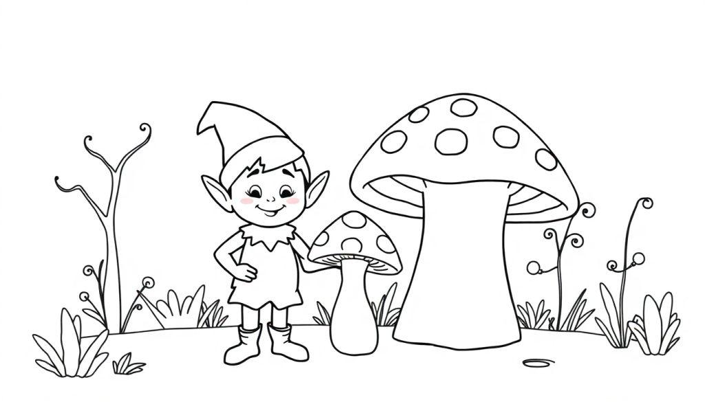 Kleurplaat van een schattige elf met een puntenhoed, een tuniek en laarsjes, naast twee paddenstoelen met stippen, in een magisch bos.