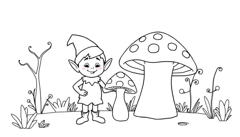 Kleurplaat van een schattige elf met een puntenhoed, een tuniek en laarsjes, naast twee paddenstoelen met stippen, in een magisch bos.