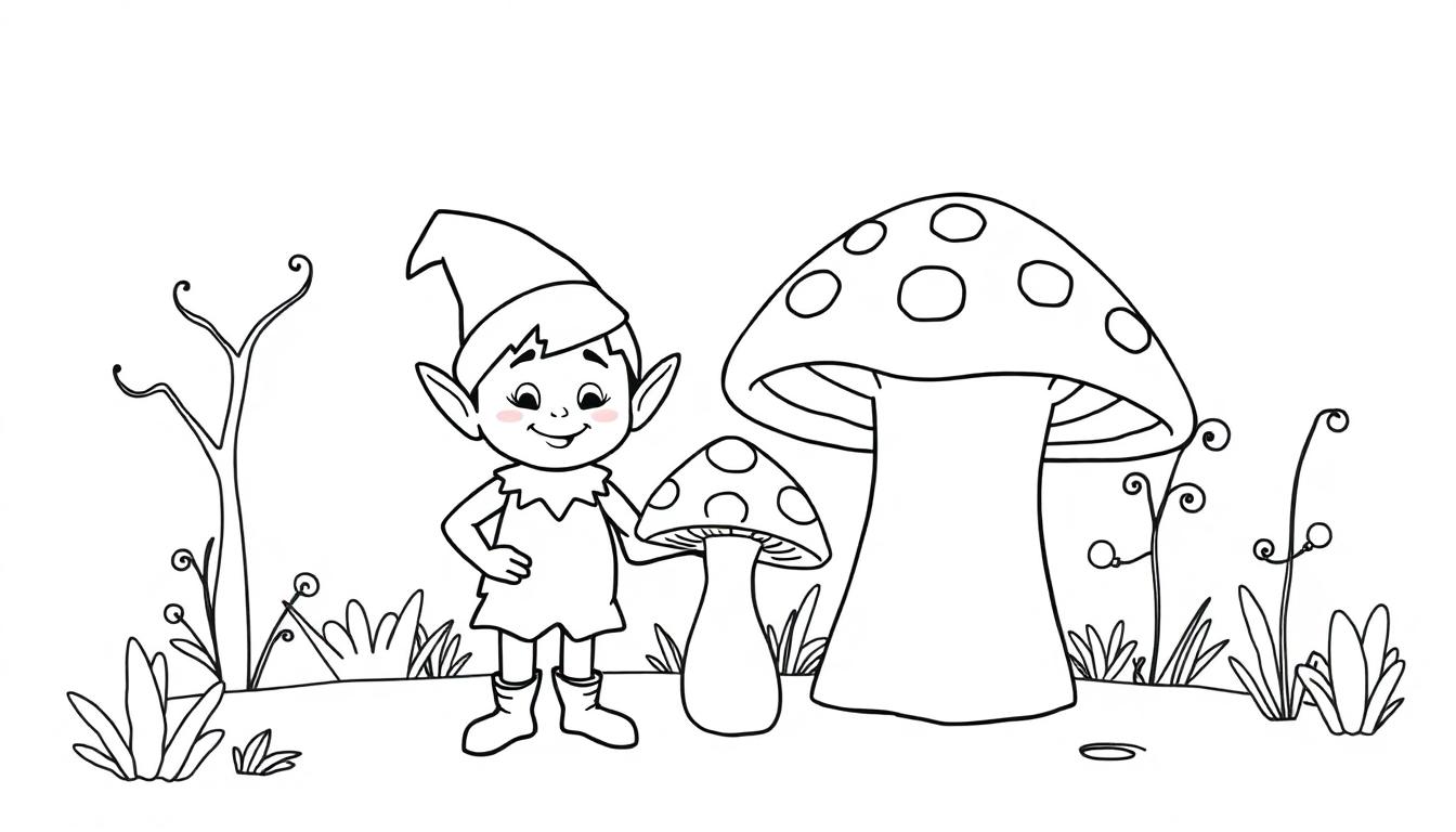 Kleurplaat van een schattige elf met een puntenhoed, een tuniek en laarsjes, naast twee paddenstoelen met stippen, in een magisch bos.