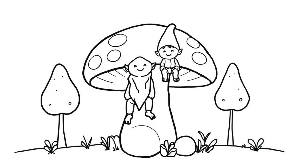 Kleurplaat van twee vrolijke kabouters op een grote paddenstoel met bomen en gras op de achtergrond.