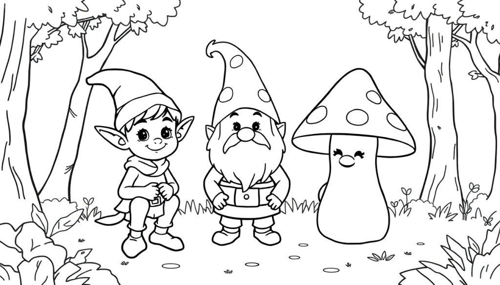 Een kleurplaat met een sprookjesbos, een elfje, een kabouter en een paddenstoel, allemaal in vrolijke kleuren en eenvoudige vormen.