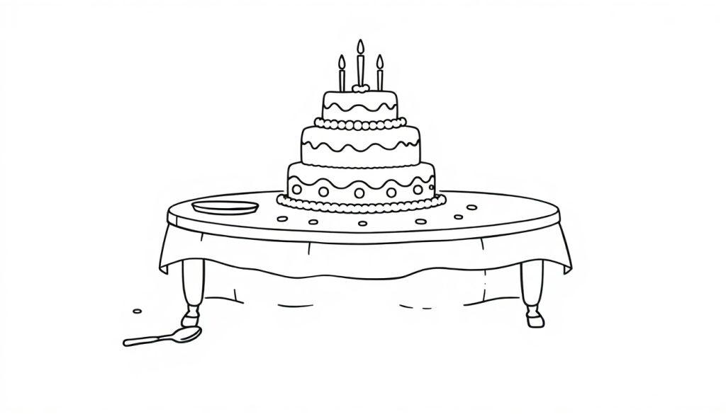 Kleurplaat van een feesttafel met taart, bord, lepel en druppel