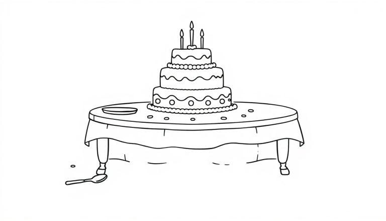 Kleurplaat van een feesttafel met taart, bord, lepel en druppel