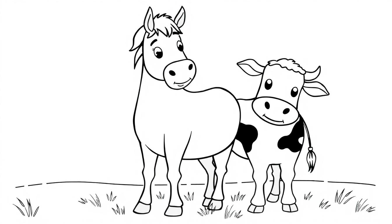 Een zwarte-wit kleurplaat van een vrolijk paard en een blij koeien op gras.