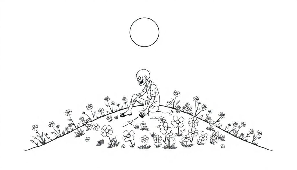Een kleurplaat van een landschap met een heuvel, bloemen, een skeletachtig figuur en een zon of maan bovenop.