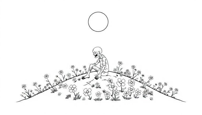 Een kleurplaat van een landschap met een heuvel, bloemen, een skeletachtig figuur en een zon of maan bovenop.
