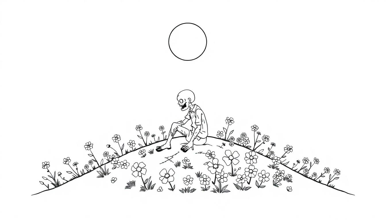 Een kleurplaat van een landschap met een heuvel, bloemen, een skeletachtig figuur en een zon of maan bovenop.