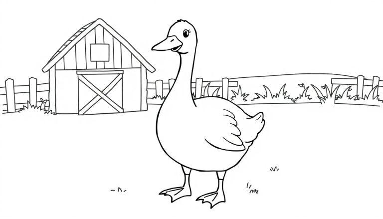 Kleurplaat van een grote gans voor kinderen met een boerderij op de achtergrond