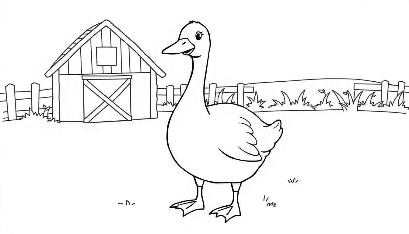 Kleurplaat van een grote gans voor kinderen met een boerderij op de achtergrond