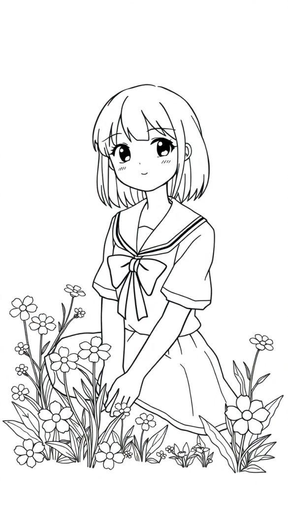 Een schattige zwart-wit kleurplaat van een meisje in een schooluniform die tussen bloemen zit, klaar om ingekleurd te worden.