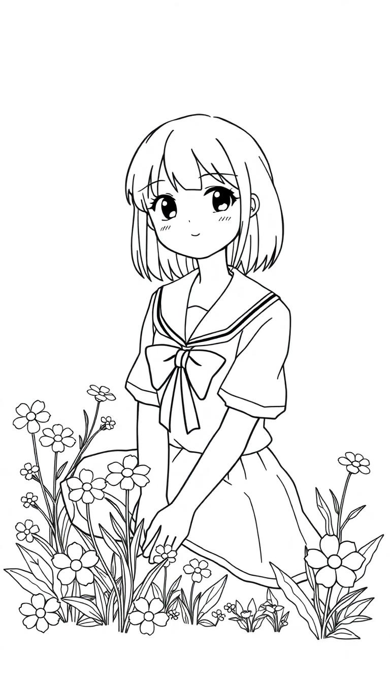 Een schattige zwart-wit kleurplaat van een meisje in een schooluniform die tussen bloemen zit, klaar om ingekleurd te worden.