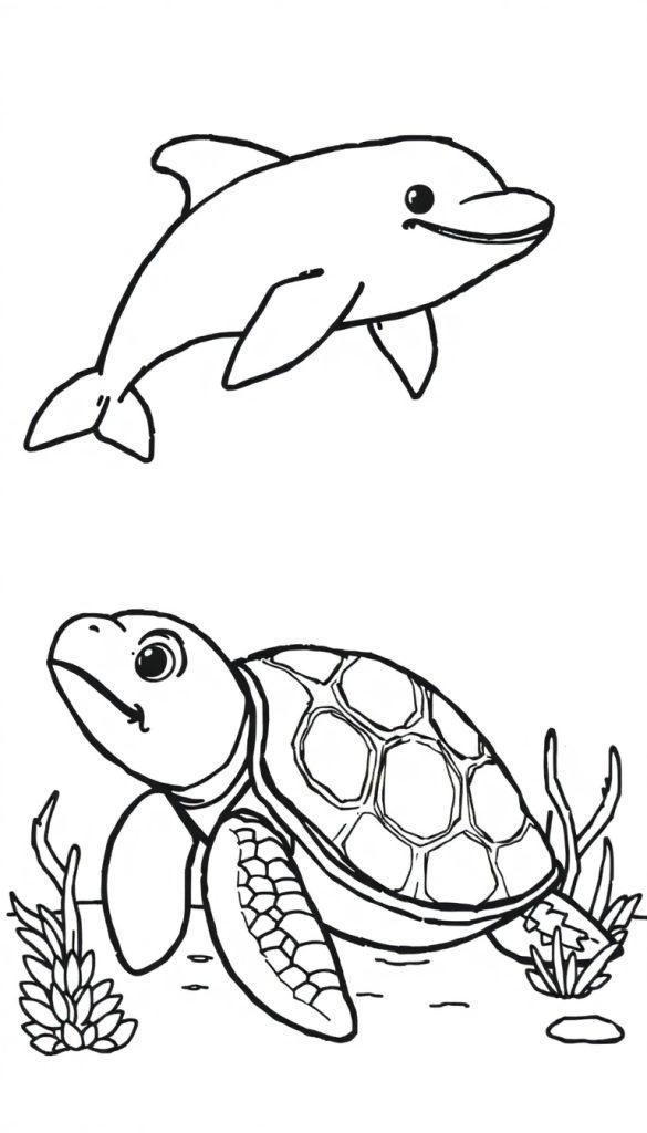 Zwart-wit kleurplaat van een vrolijke dolfijn die zwemt en een schildpad op de zeebodem met planten en stenen, klaar om ingekleurd te worden.